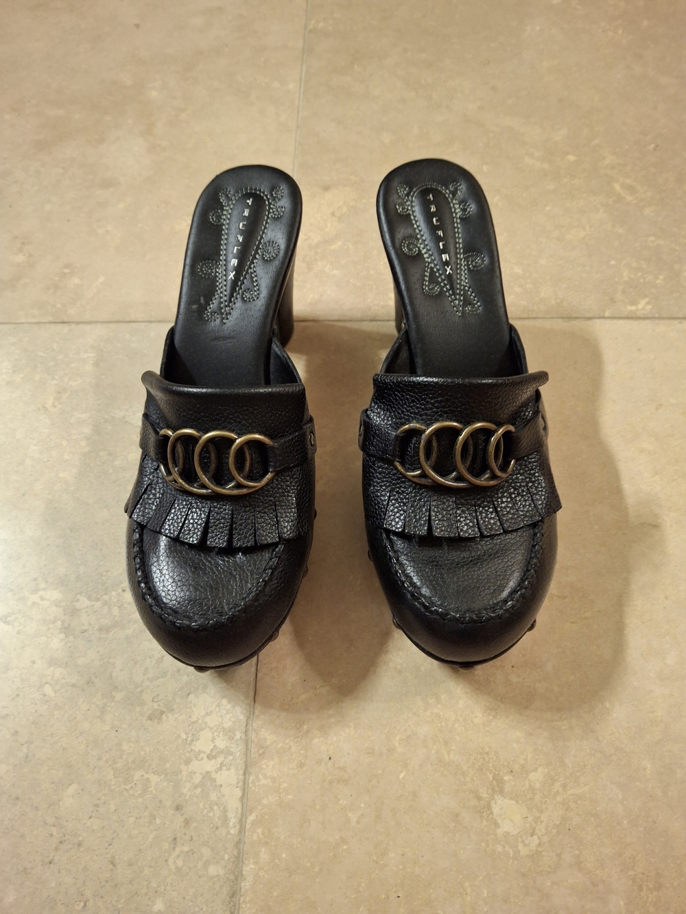 Truflex Black Slip-On Mules with Decorative Rings